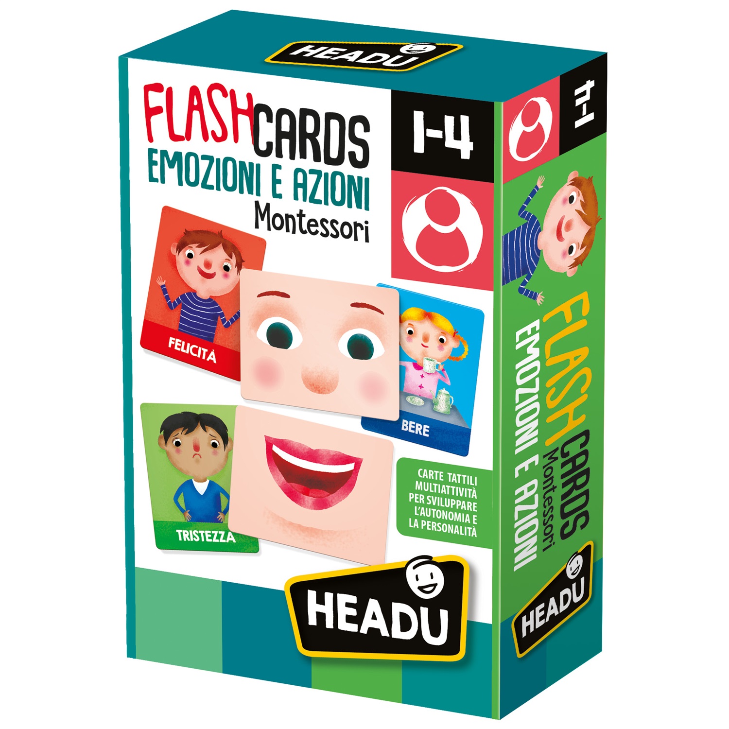 Headu Flashcards Montessori Emozioni e Azioni - Gioco Educativo per Sviluppare Autonomia e Personalità, 40 Carte Smerigliate, Made in Italy