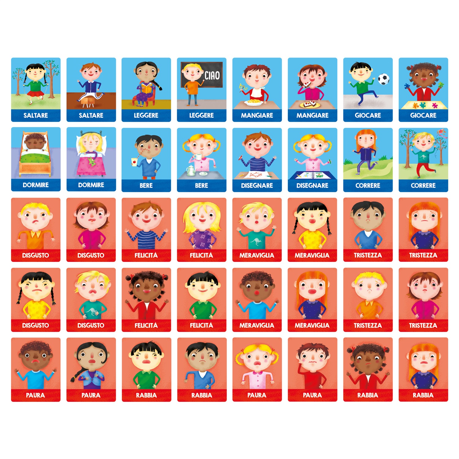 Headu Flashcards Montessori Emozioni e Azioni - Gioco Educativo per Sviluppare Autonomia e Personalità, 40 Carte Smerigliate, Made in Italy