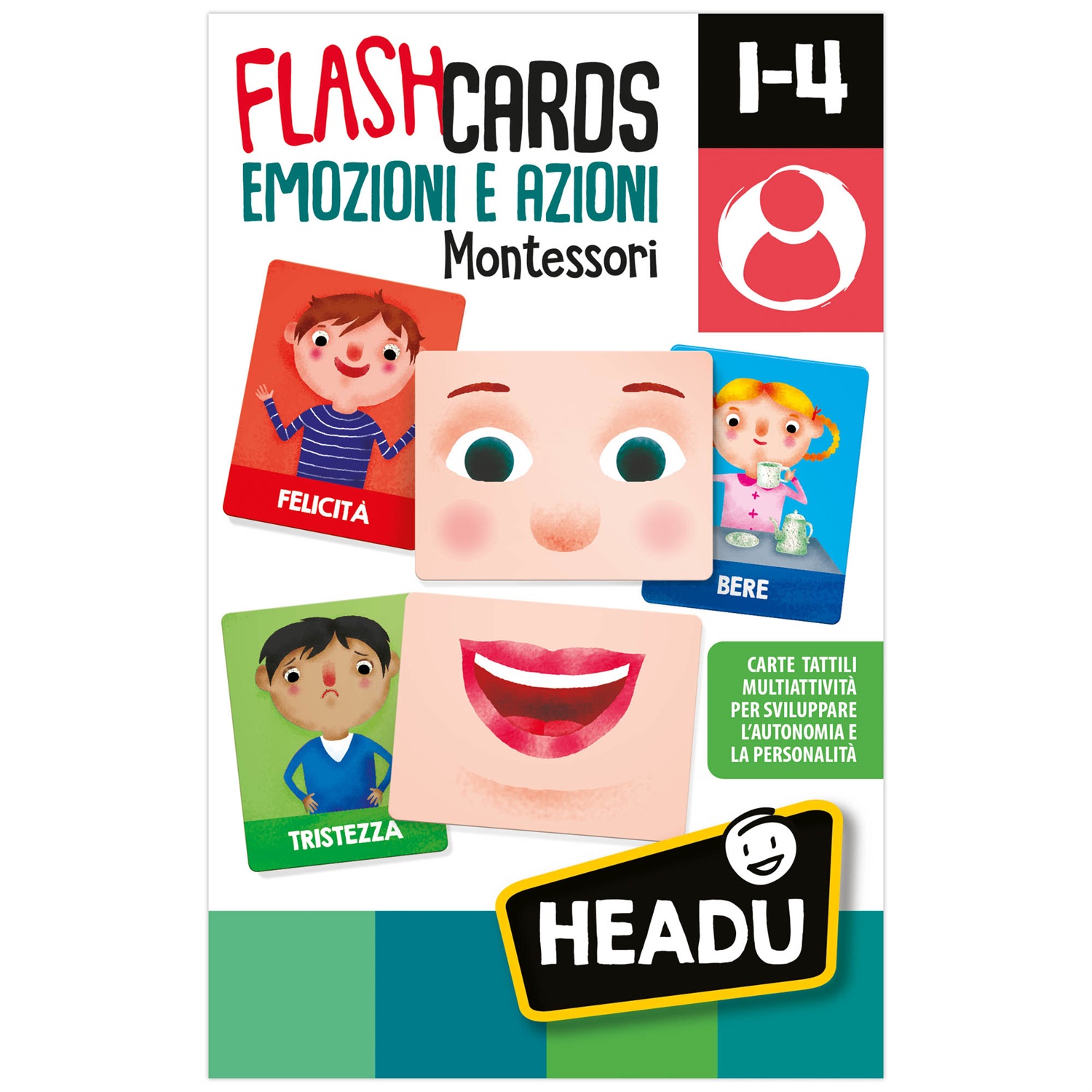 Headu Flashcards Montessori Emozioni e Azioni - Gioco Educativo per Sviluppare Autonomia e Personalità, 40 Carte Smerigliate, Made in Italy