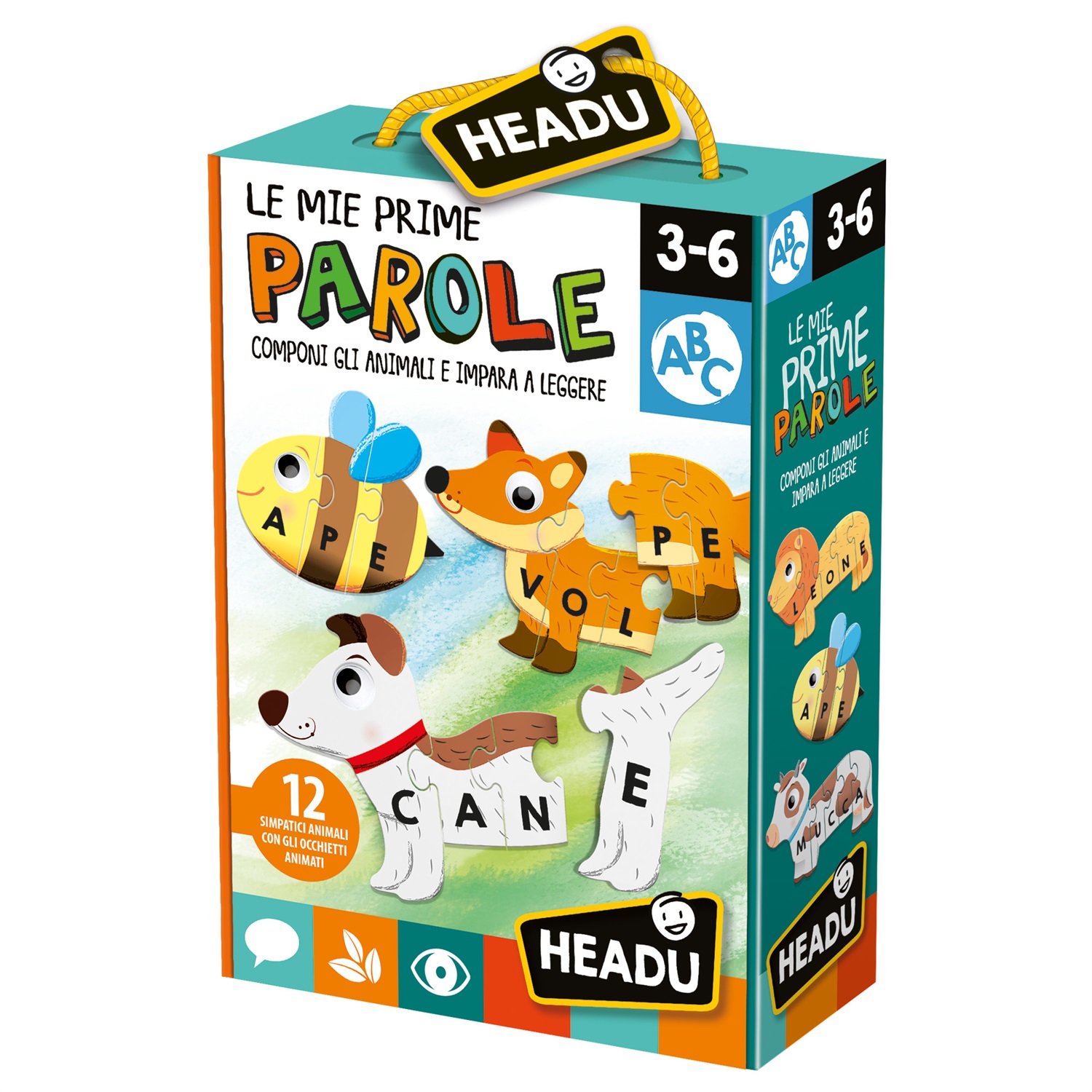 Headu Le Mie Prime Parole - Gioco Educativo per Bambini 3-6 Anni, Componi Animali e Impara a Leggere con Puzzle Autocorrettivi e Occhietti Adesivi