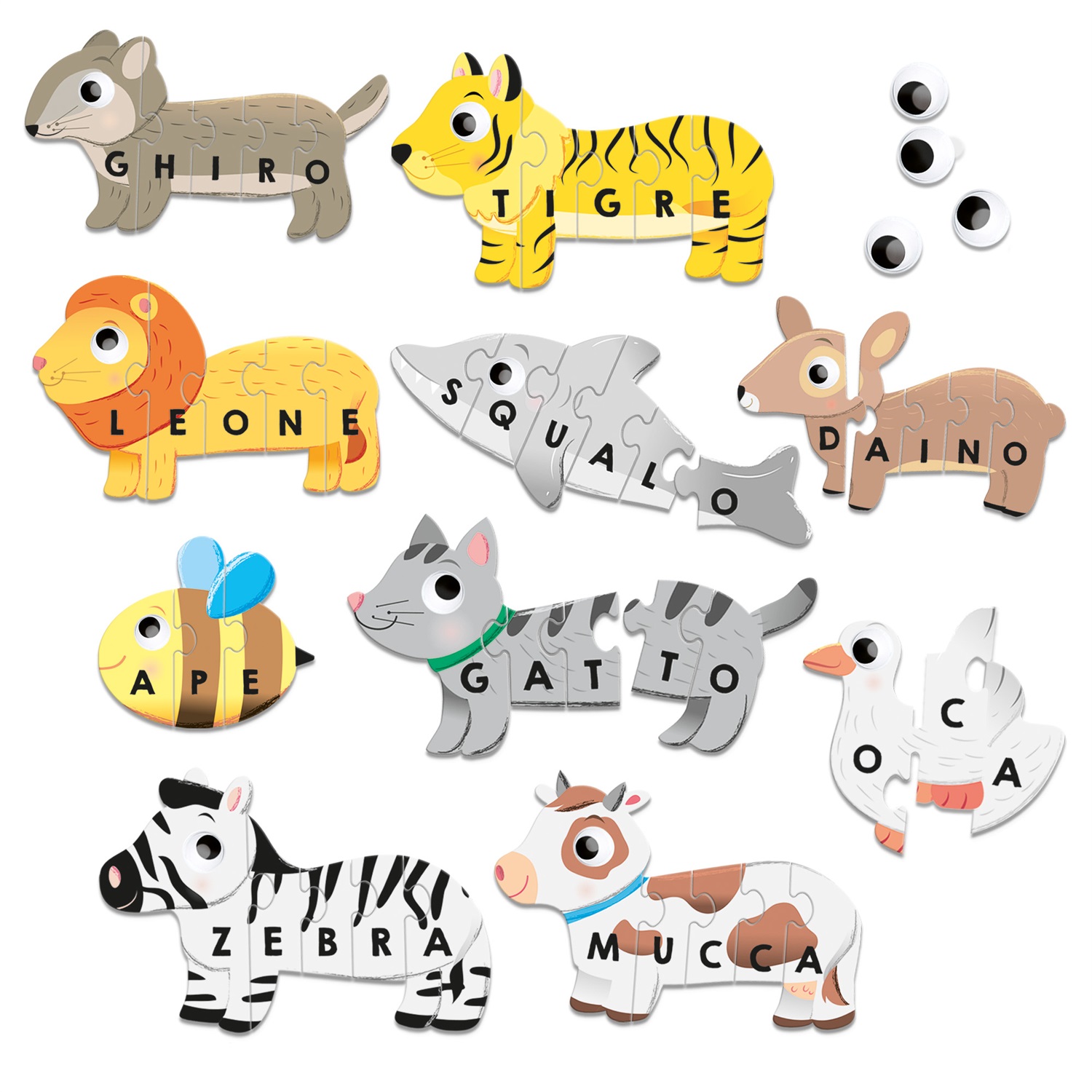 Headu Le Mie Prime Parole - Gioco Educativo per Bambini 3-6 Anni, Componi Animali e Impara a Leggere con Puzzle Autocorrettivi e Occhietti Adesivi