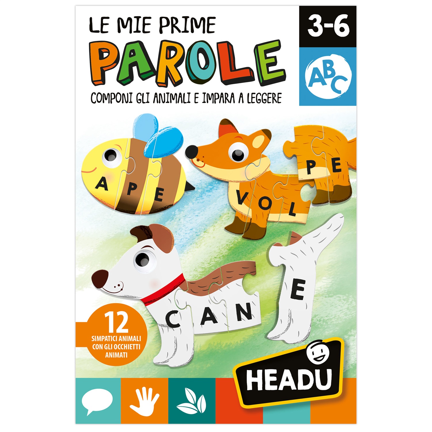 Headu Le Mie Prime Parole - Gioco Educativo per Bambini 3-6 Anni, Componi Animali e Impara a Leggere con Puzzle Autocorrettivi e Occhietti Adesivi