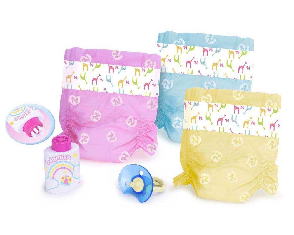 Famosa Nenuco 700009027 Pannolini Colorati Multicolore con Talco e Ciuccio per Bambola