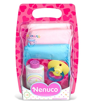Famosa Nenuco 700009027 Pannolini Colorati Multicolore con Talco e Ciuccio per Bambola