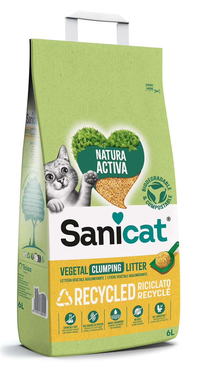 Sanicat Lettiera Agglomerante in Tutolo di Mais Riciclato - 6L, Naturale, Biodegradabile e Compostabile con Assorbenza Superiore e Controllo degli Odori