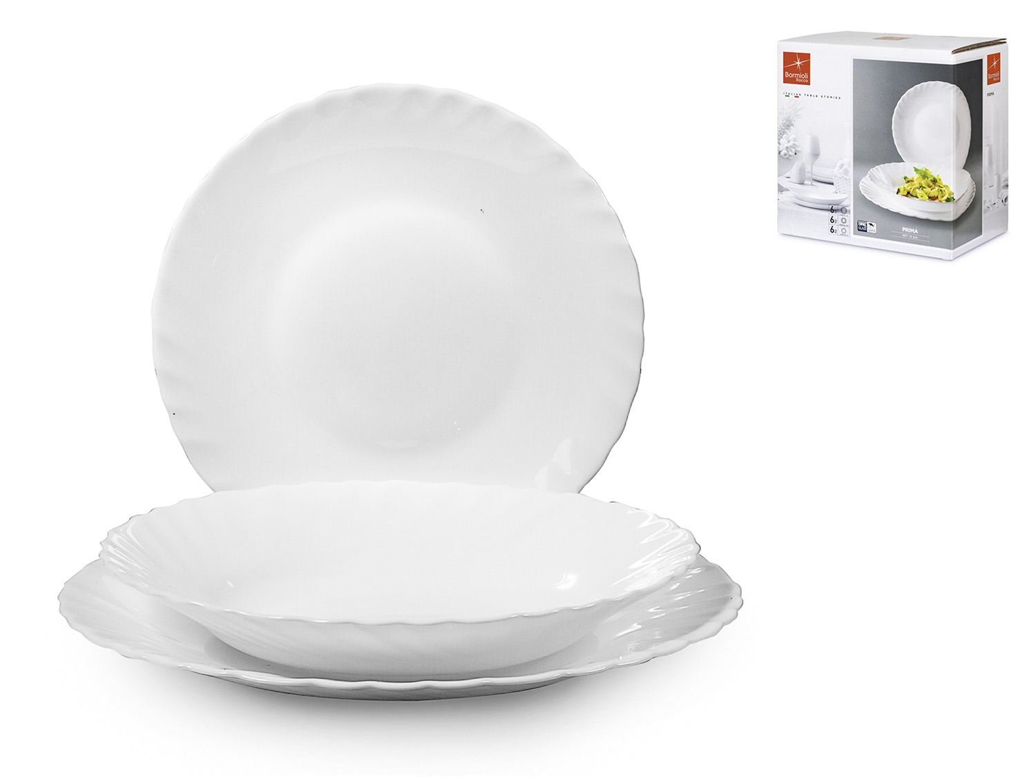 Bormioli Rocco Servizio di Piatti Prima 18 Pezzi in Vetro Opale Bianco - Adatto al Microonde e Lavabile in Lavastoviglie