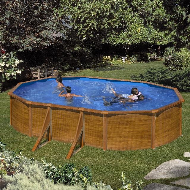 Gre KITPROV503W Piscina Ovale da Esterno in Acciaio Effetto Legno - 500 x 300 x 120 cm, Capacità 14550 L, Liner Blu, Filtro a Cartuccia e Scaletta di Sicurezza