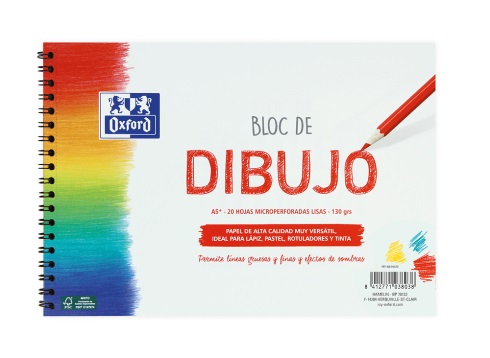OXFORD Blocco da Disegno A5 - 20 Fogli 130g, Copertina Morbida/Rigida, Superficie Ruvida per Matite e Pennarelli