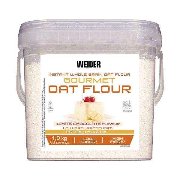 Weider Gourmet Oat Flour 1900g - Farina d'Avena Integrale al Cioccolato Bianco, Fonte di Proteine, Elevato Contenuto di Fibre, Basso Contenuto di Zuccheri e Grassi Saturi