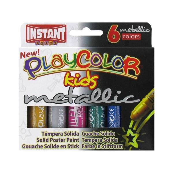 Playcolor Tempera Solida in Stick Metallic - Confezione da 6 Stick da 10 gr - Colori Assortiti, Lavabili e Facili da Usare