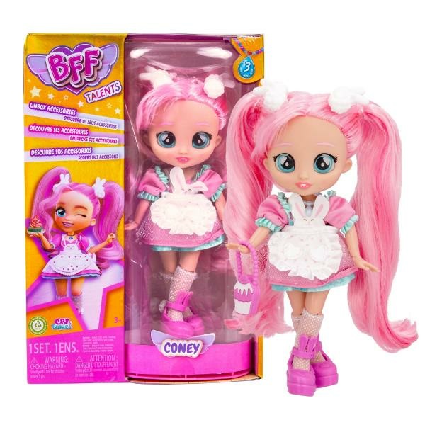 IMC Toys BFF By Cry Babies Coney - Bambola Collezionabile Fashion con Lunghi Capelli, Outfit da Chef, Corpo Articolato e 9 Accessori - Giocattolo per Bambini e Bambine 5 Anni