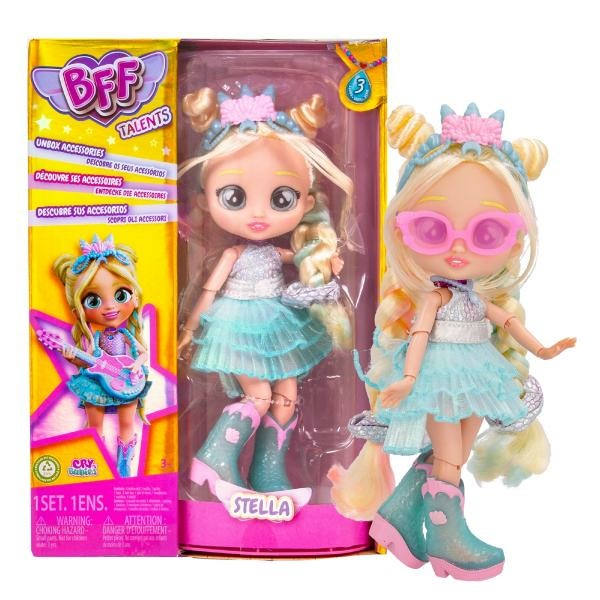 IMC Toys Cry Babies BFF Stella - Bambola Collezionabile Fashion con Lunghi Capelli, Vestiti in Tessuto, 9 Accessori e Corpo Articolato - Giocattolo per Bambine e Bambini 5 Anni