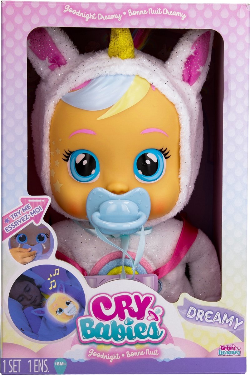 IMC Toys Cry Babies Goodnight Dreamy - Bambola Interattiva 30cm con Luce Notturna, Ninne Nanne e Lacrime Luminose a LED