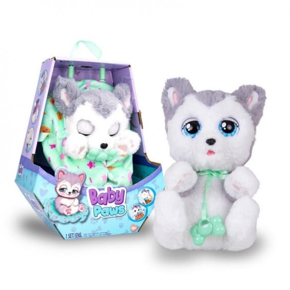 IMC Toys Baby Paws Husky - Peluche Interattivo con Suoni, Apre e Chiude gli Occhi, Include Borsetta e Copertina, per Bambini 3 Anni