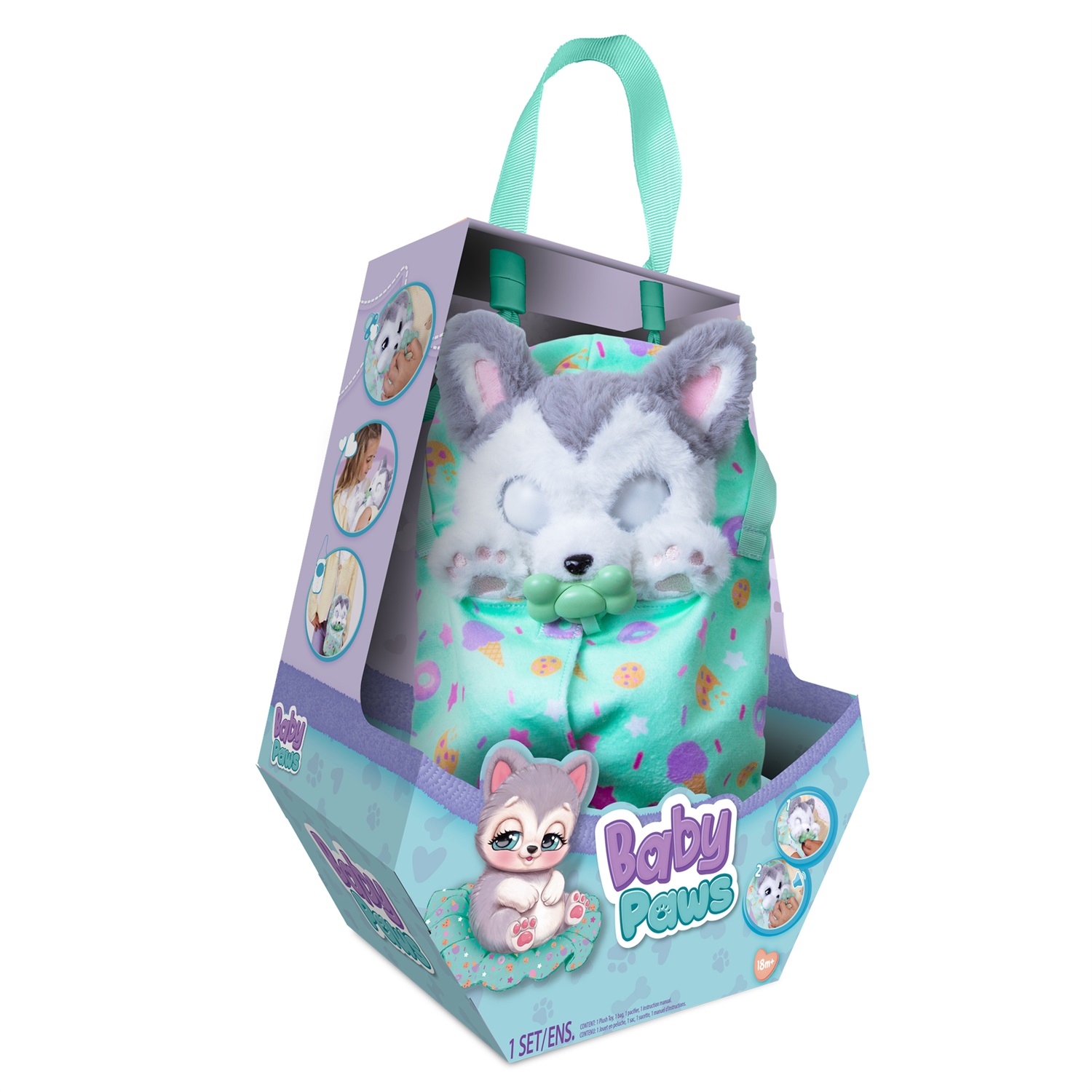 IMC Toys Baby Paws Husky - Peluche Interattivo con Suoni, Apre e Chiude gli Occhi, Include Borsetta e Copertina, per Bambini 3 Anni