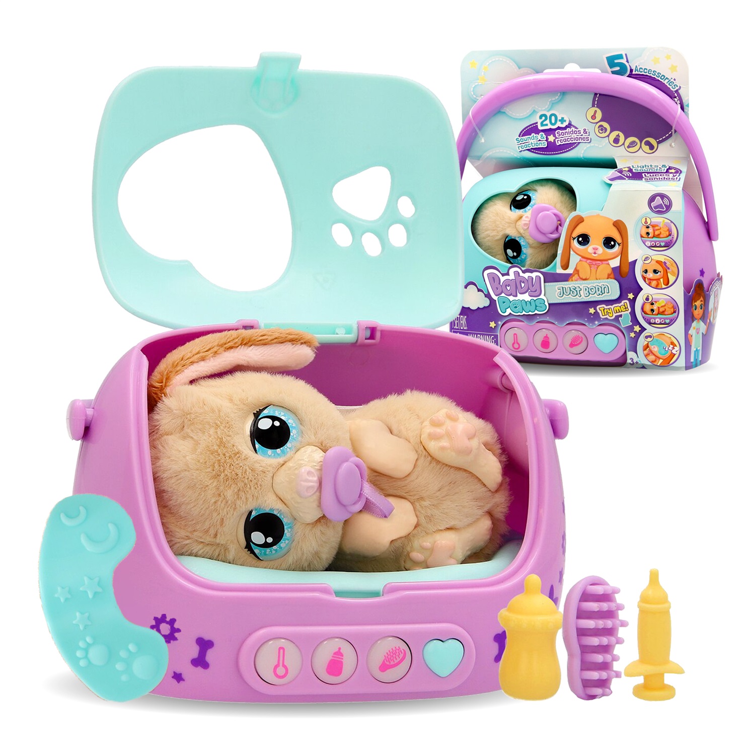 IMC TOYS Baby Paws Just Born - Cagnolino Interattivo con Trasportino Elettronico e Accessori per Bambini 3