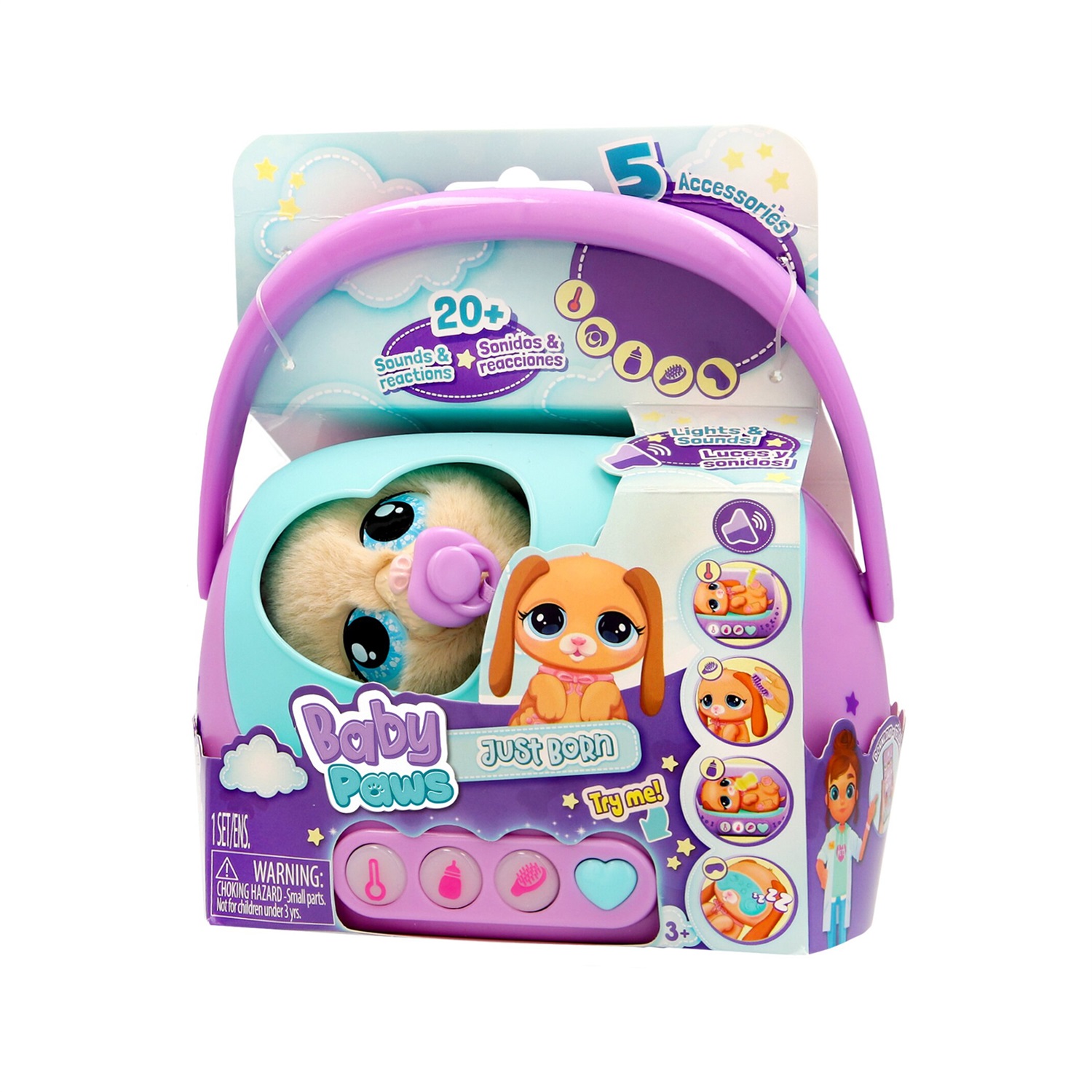 IMC TOYS Baby Paws Just Born - Cagnolino Interattivo con Trasportino Elettronico e Accessori per Bambini 3