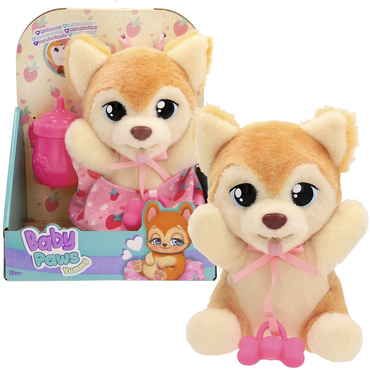 Baby Paws Yummy Shiba Inu - Giocattolo interattivo con pancia gonfiabile, biberon e marsupio rosa per bambini dai 18 mesi