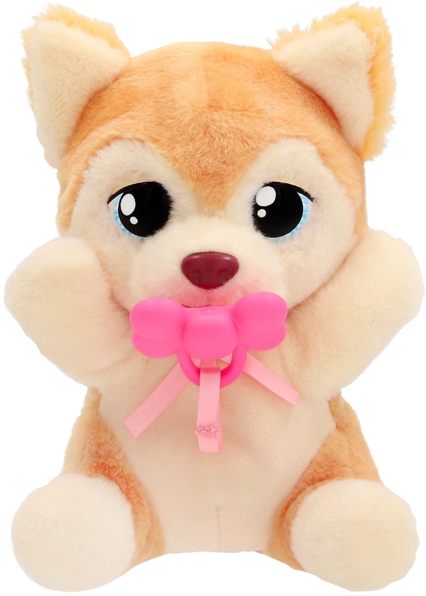 Baby Paws Yummy Shiba Inu - Giocattolo interattivo con pancia gonfiabile, biberon e marsupio rosa per bambini dai 18 mesi