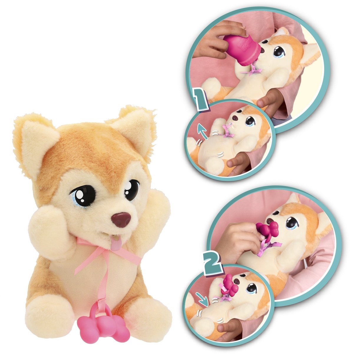 Baby Paws Yummy Shiba Inu - Giocattolo interattivo con pancia gonfiabile, biberon e marsupio rosa per bambini dai 18 mesi