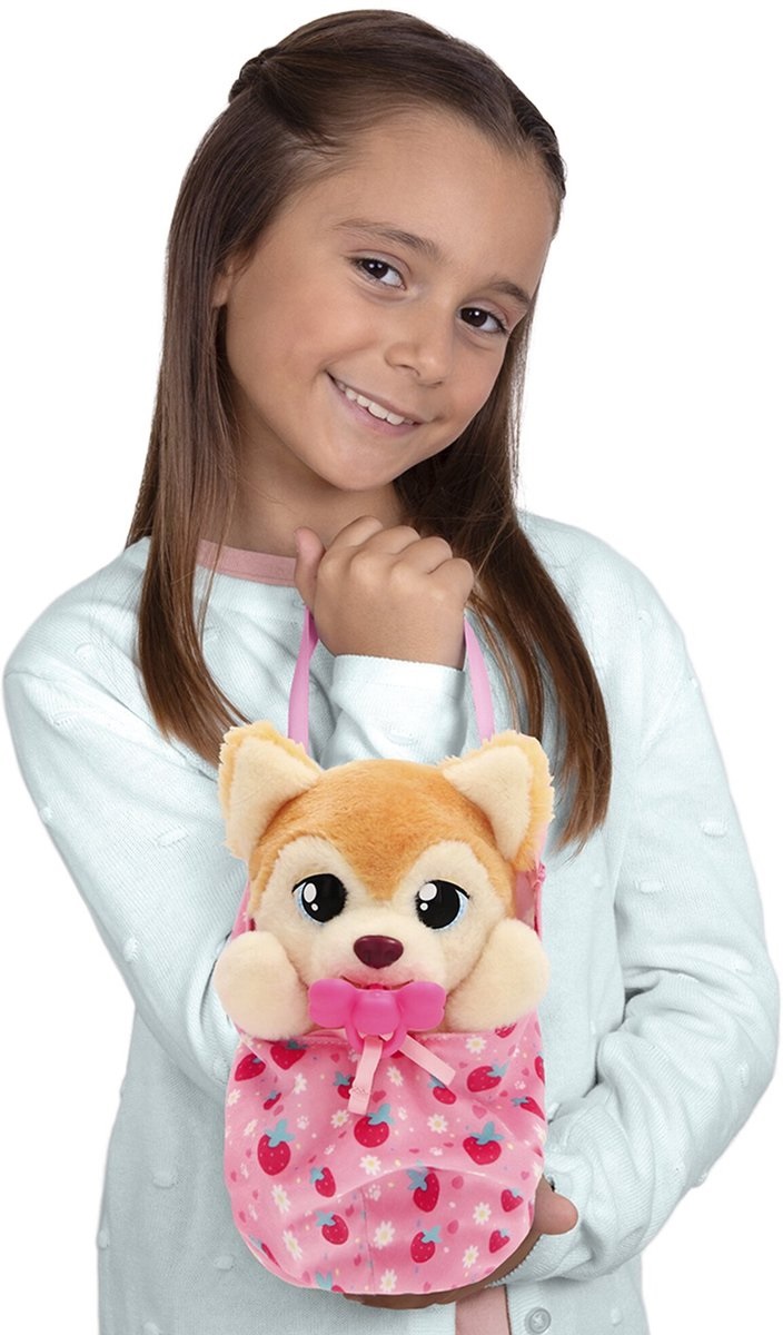 Baby Paws Yummy Shiba Inu - Giocattolo interattivo con pancia gonfiabile, biberon e marsupio rosa per bambini dai 18 mesi