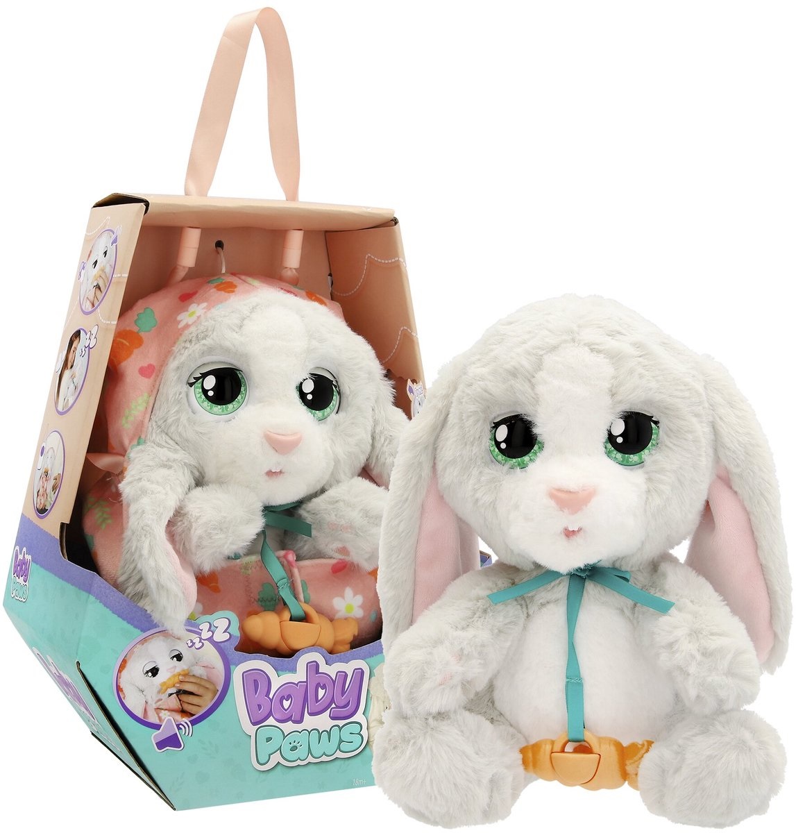 IMC Toys Baby Paws Bunny - Peluche Interattivo con Suoni, Occhi Mobili e Sacchetto di Ovatta, per Bambini dai 18 Mesi