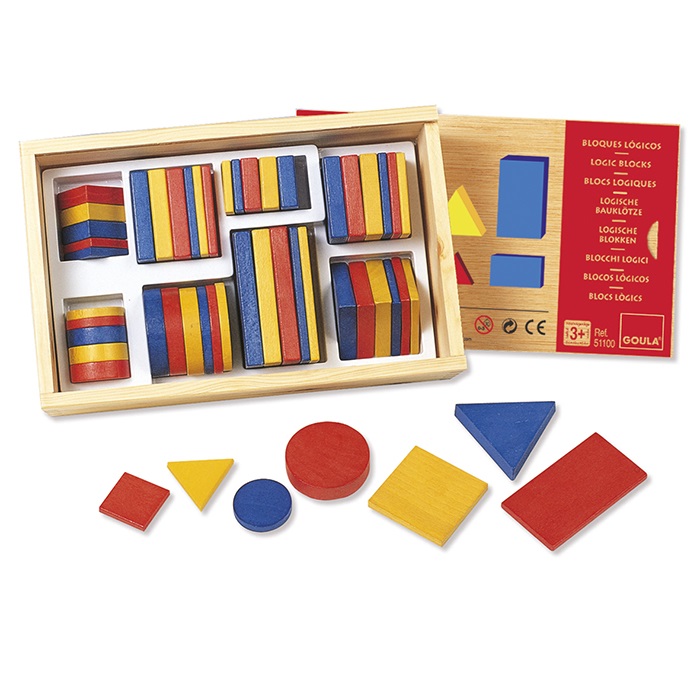 Goula 51100 - Blocchi Logici in Legno con 48 Forme Colorate per Sviluppo Sensoriale e Coordinamento Occhio-Mano