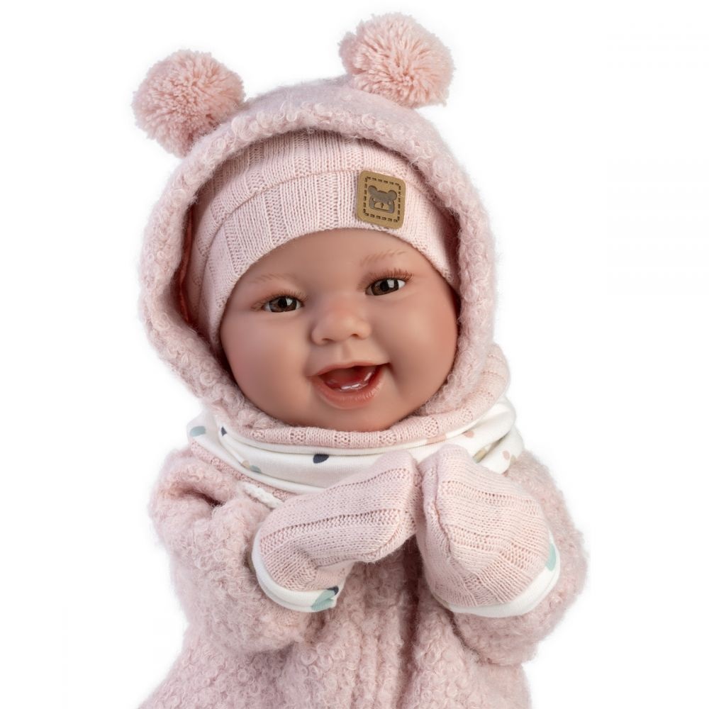 Llorens Tala - Bambola Reborn 44 cm con Occhi Marroni, Corpo Morbido e Vestito Invernale Rosa