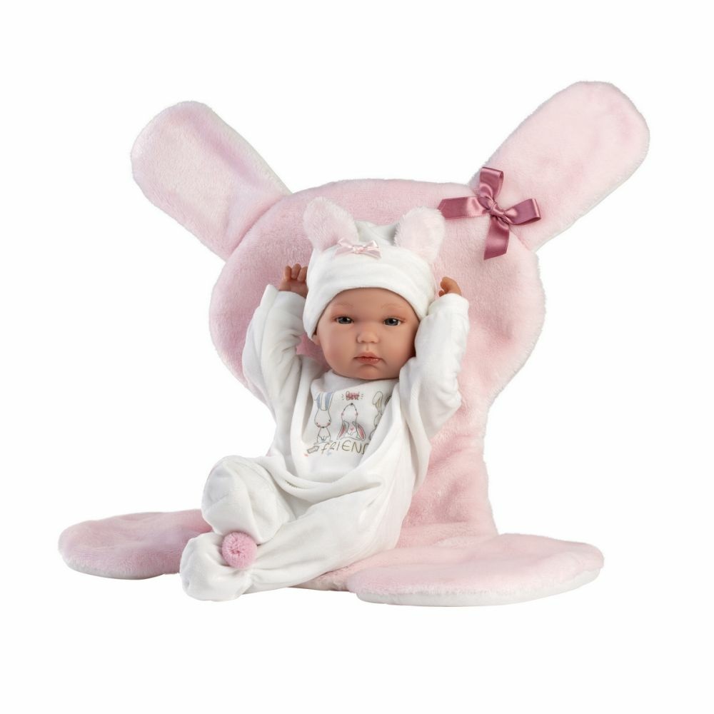 Llorens 1063598 - Bambola Bimba 35cm con Occhi Azzurri, Corpo Vinile Articolato, Abbigliamento, Ciuccio e Coperta da Coniglio Rosa