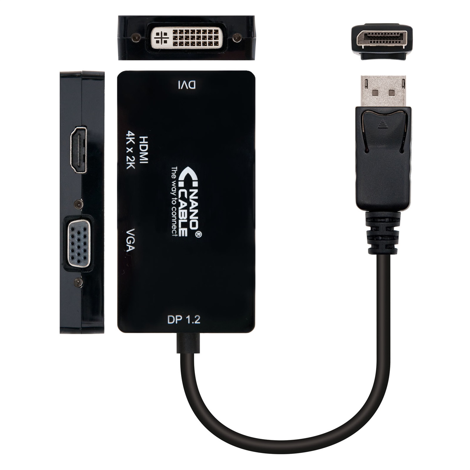 Nanocable Convertitore da DisplayPort a SVGA/DVI/HDMI 3 in 1, 0,15 m, Nero, 4K