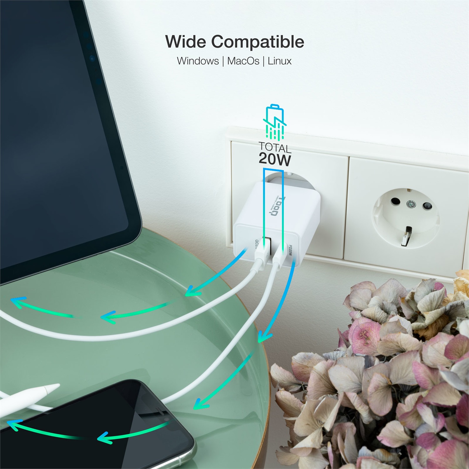 TooQ TQWC-2SC04WT - Caricabatterie USB Universale Bianco con Ricarica Rapida e Uscite USB-C e USB-A