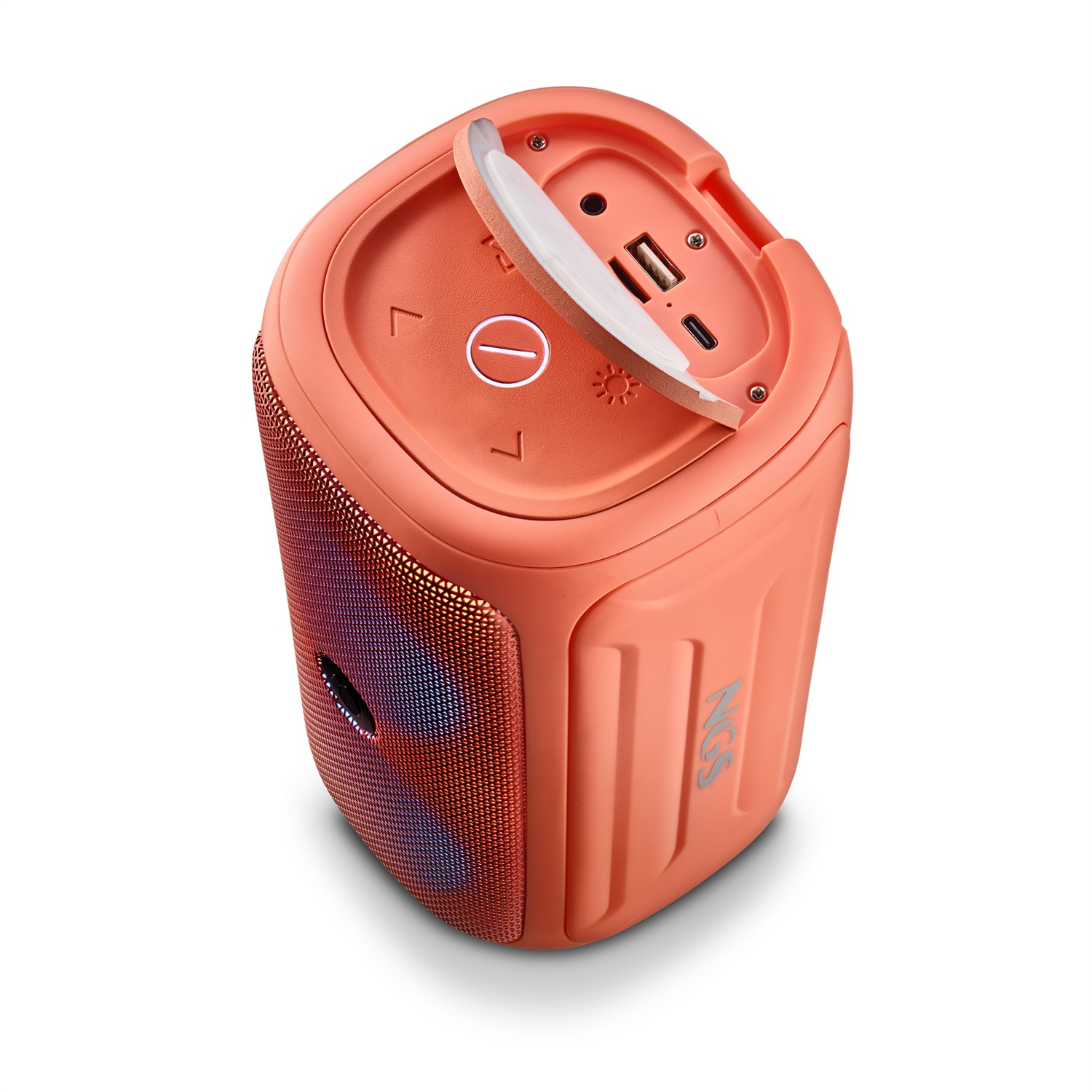 NGS ROLLER BEAST CORAL - Altoparlante Portatile Bluetooth 32 W con Luci RGB, Resistente all'Acqua IPX5, Microfono e Vivavoce