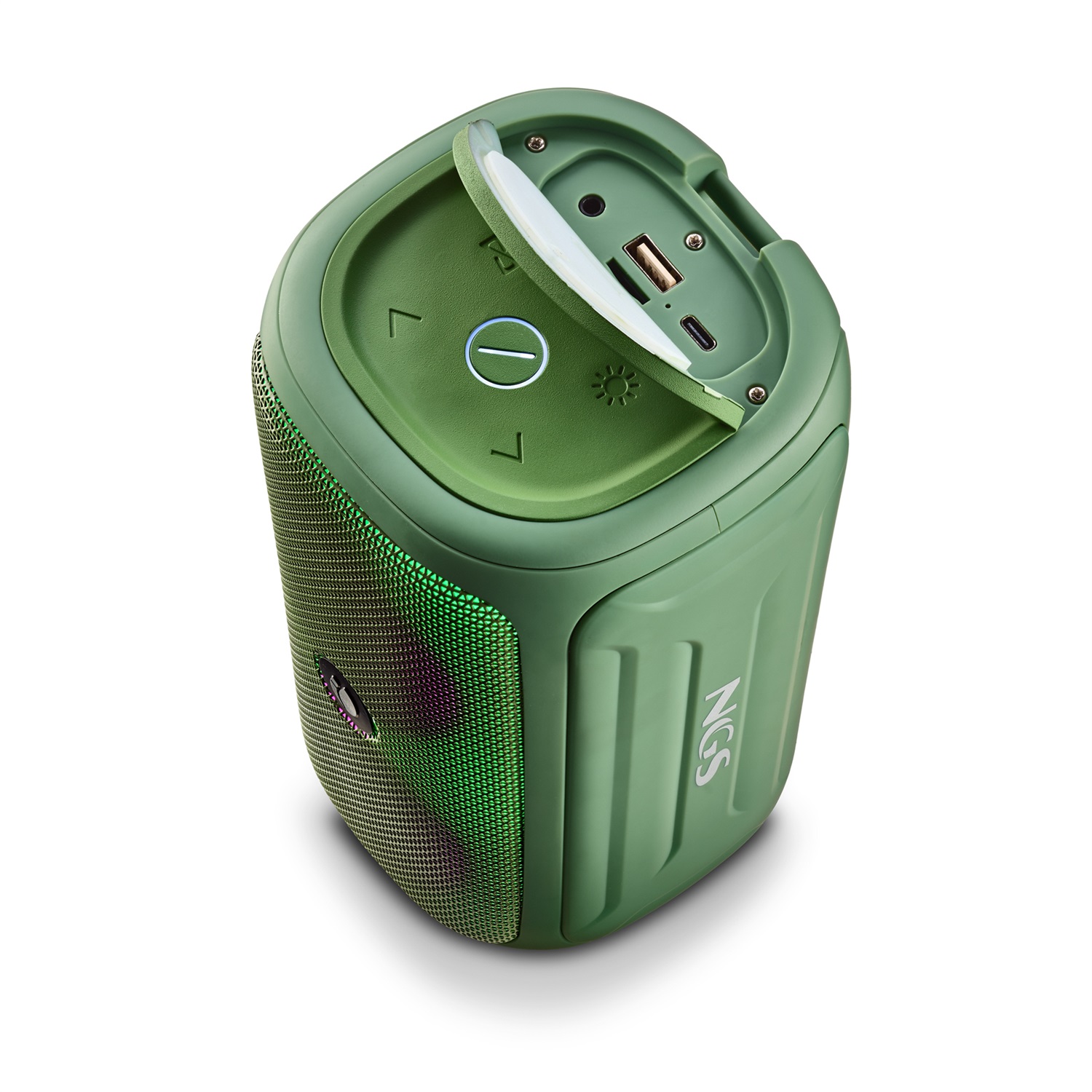 NGS ROLLER BEAST Altoparlante Portatile Bluetooth 32W Verde con Resistenza IPX5, Luci RGB e Microfono