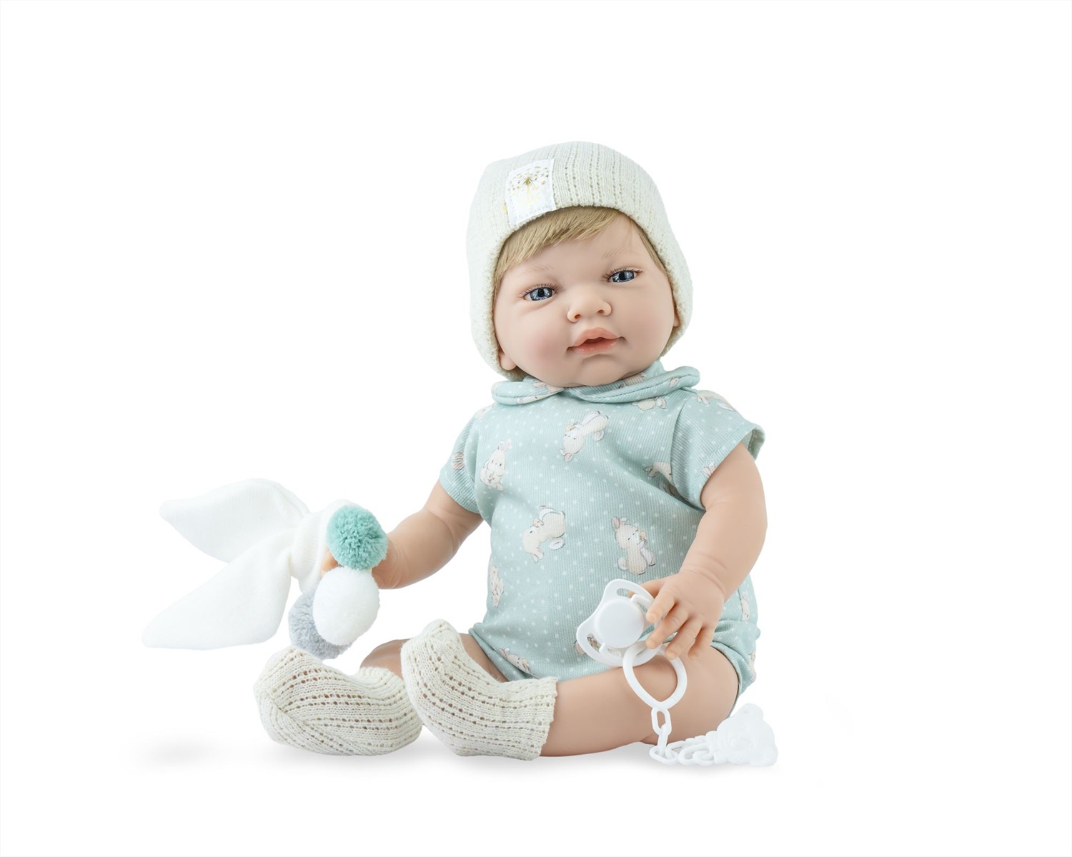 MARINA & PAU Bambola Sweet Baby Rabbit 746 - Azzurro con Cappello Morbido e Scarpine all'Uncinetto