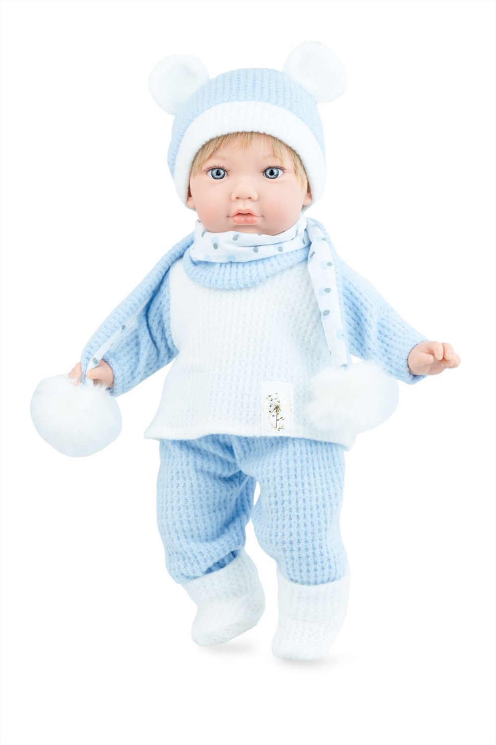 MARINA & PAU Bambola Teo Soft 791 - Morbida e Calda con Completo a Maglia Celeste