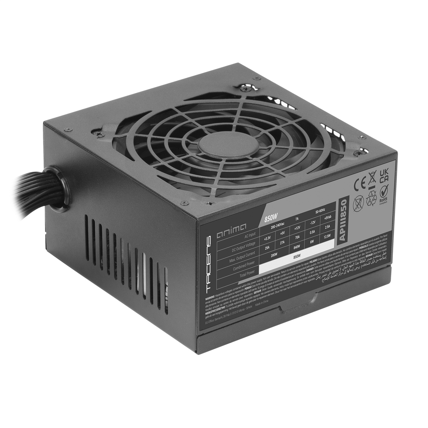 Tacens Anima APIII850 - Alimentatore PC ATX 850W con Efficienza 85%, Ventola Ultra-silenziosa e Cavi Piatta Extra Lunghi
