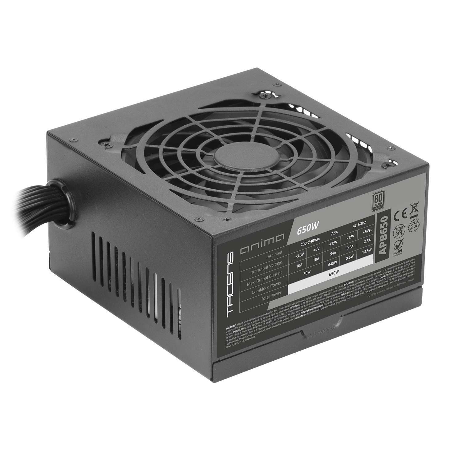 Tacens Anima APB650 Alimentatore PC ATX 650W 80Plus Bronze, Ventola Ultra-silenziosa 12cm, Cavi Piatta Extra-lunghi, Efficienza 85%, Tecnologie SMD e DC-DC, Nero