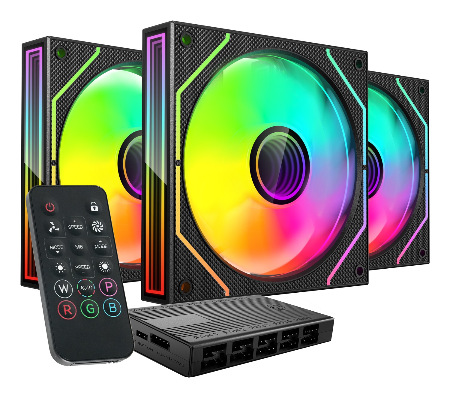 MARS GAMING MF-3DPROKIT - Kit 3 Ventole PWM 120mm con Illuminazione ARGB Infinity Mirror 3D, Telecomando e HUB, Compatibilità Totale ARGB, Nero