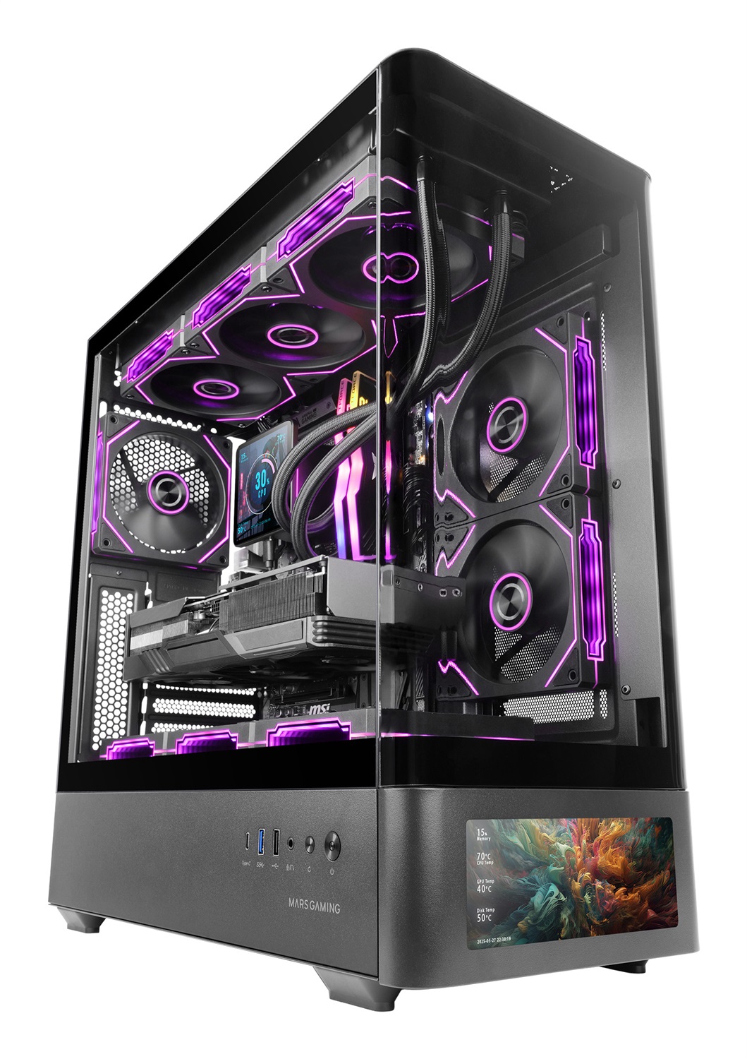 Mars Gaming MC-LCDPRO Case Gaming ATX con Schermo LCD IPS 7.2 Personalizzabile, Vetro Temperato Curvo, Doppia Camera e Supporto Raffreddamento a Liquido fino a 360mm - Nero