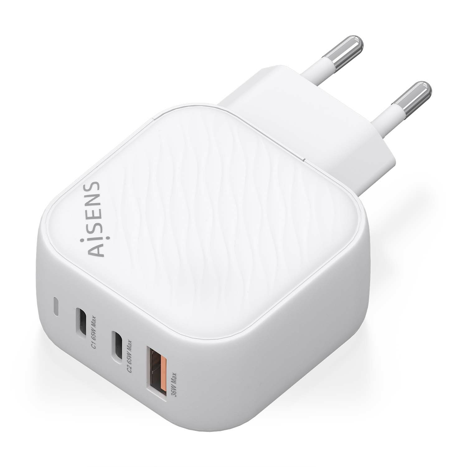 AISENS Caricatore GaN 65W con 2 USB C PD3.0 QC4.0 e 1 USB A QC3.0 - Ricarica rapida Bianco