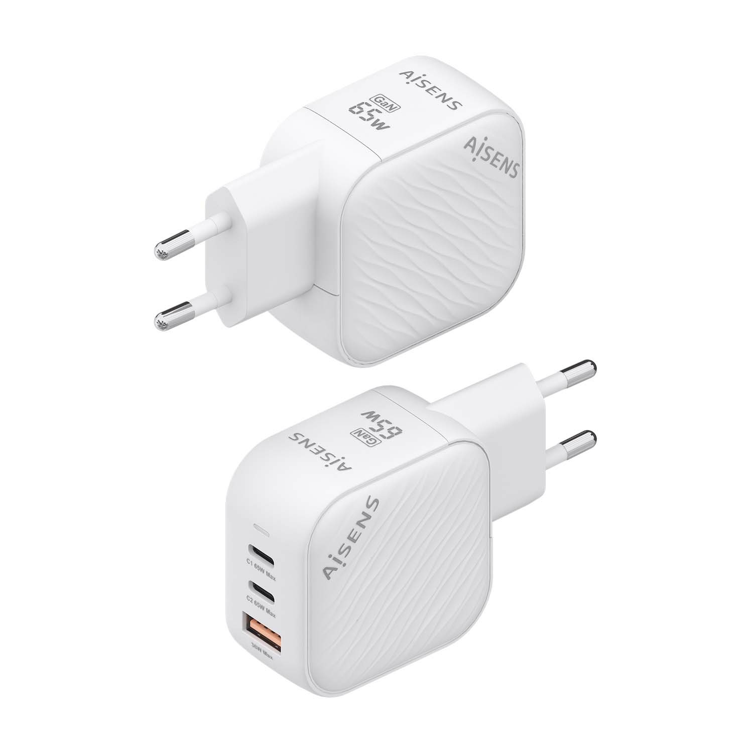 AISENS Caricatore GaN 65W con 2 USB C PD3.0 QC4.0 e 1 USB A QC3.0 - Ricarica rapida Bianco