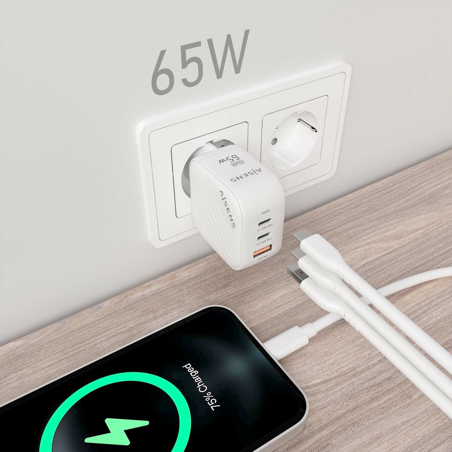 AISENS Caricatore GaN 65W con 2 USB C PD3.0 QC4.0 e 1 USB A QC3.0 - Ricarica rapida Bianco