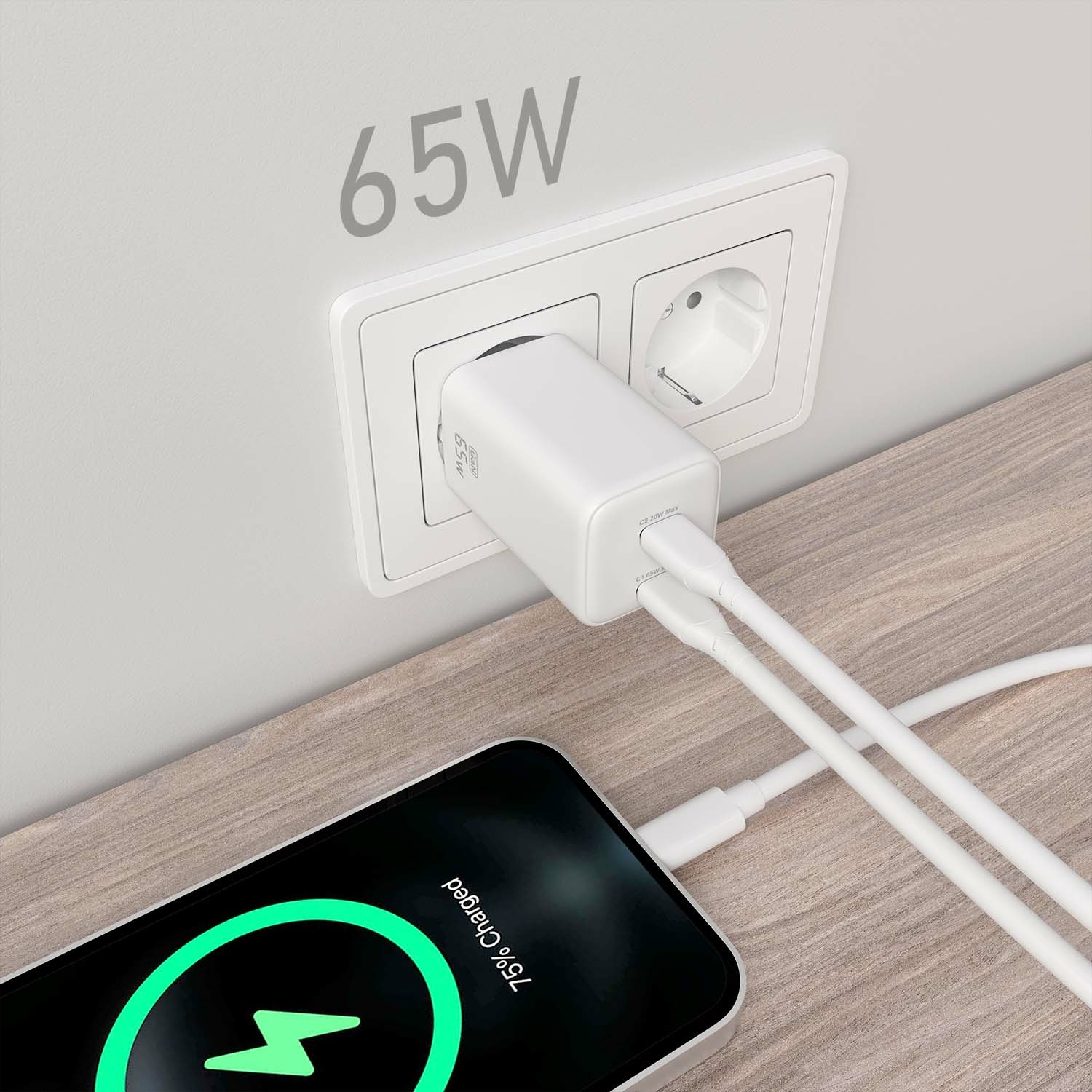 Aisens Caricatore da Parete USB-C 65W Bianco con Tecnologia AI e Protezioni Multiple