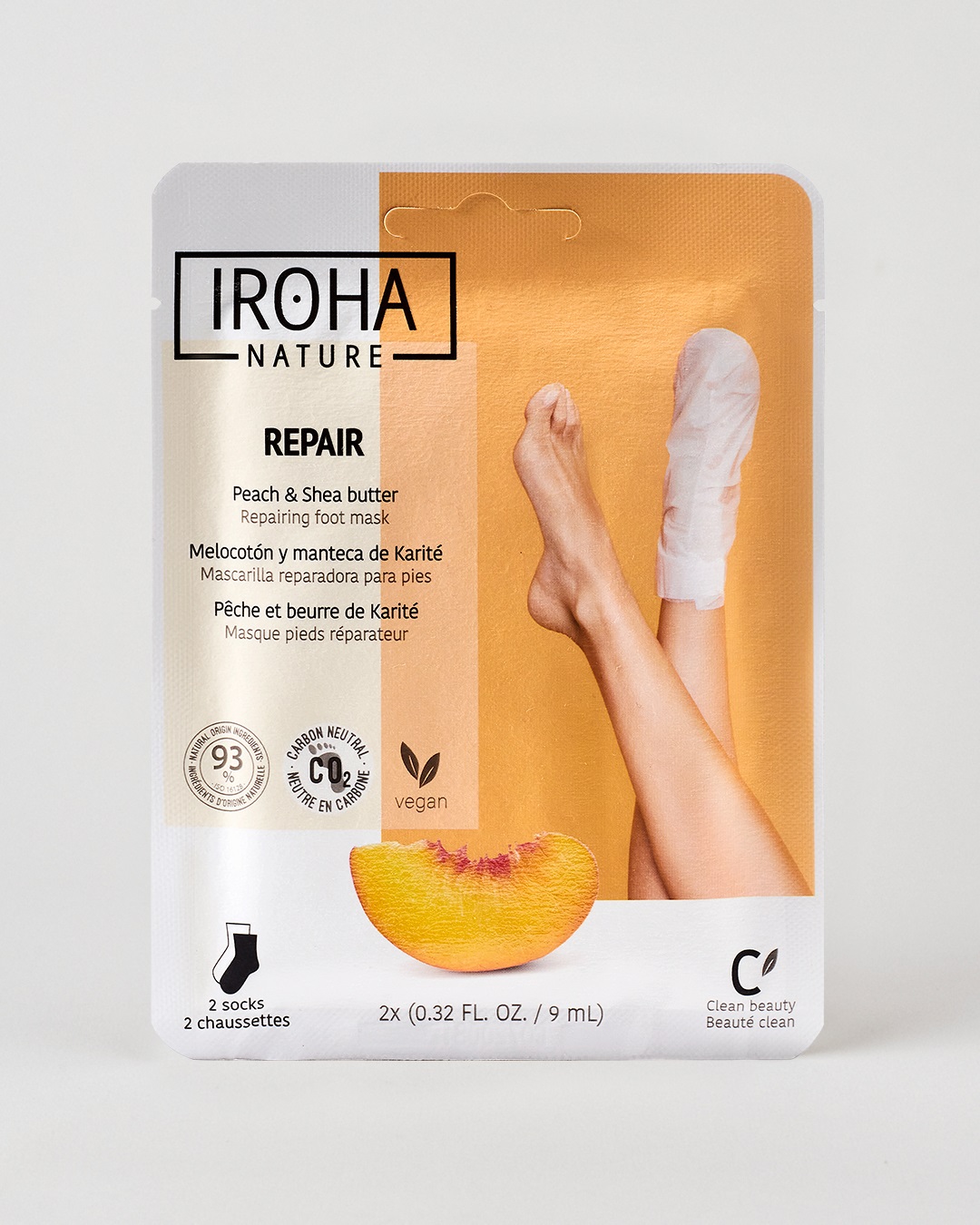 Iroha Nature Calzini Maschera Riparatori per Piedi - Idratante e Nutriente con Pesca e Burro di Karité, 2 pz x 9 ml