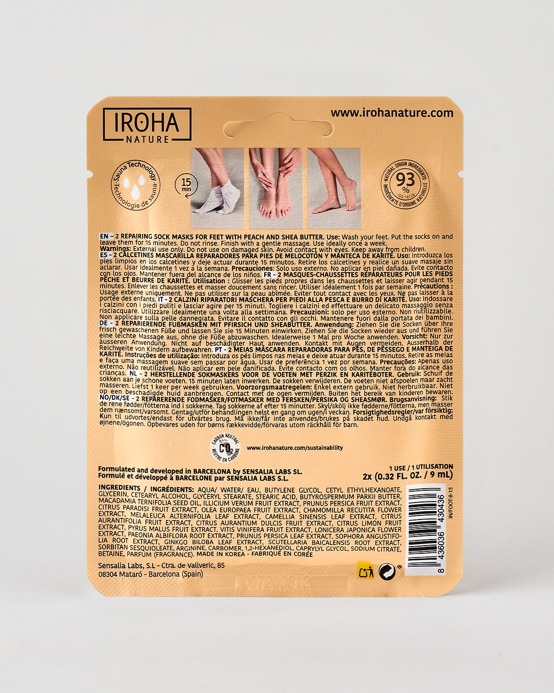 Iroha Nature Calzini Maschera Riparatori per Piedi - Idratante e Nutriente con Pesca e Burro di Karité, 2 pz x 9 ml