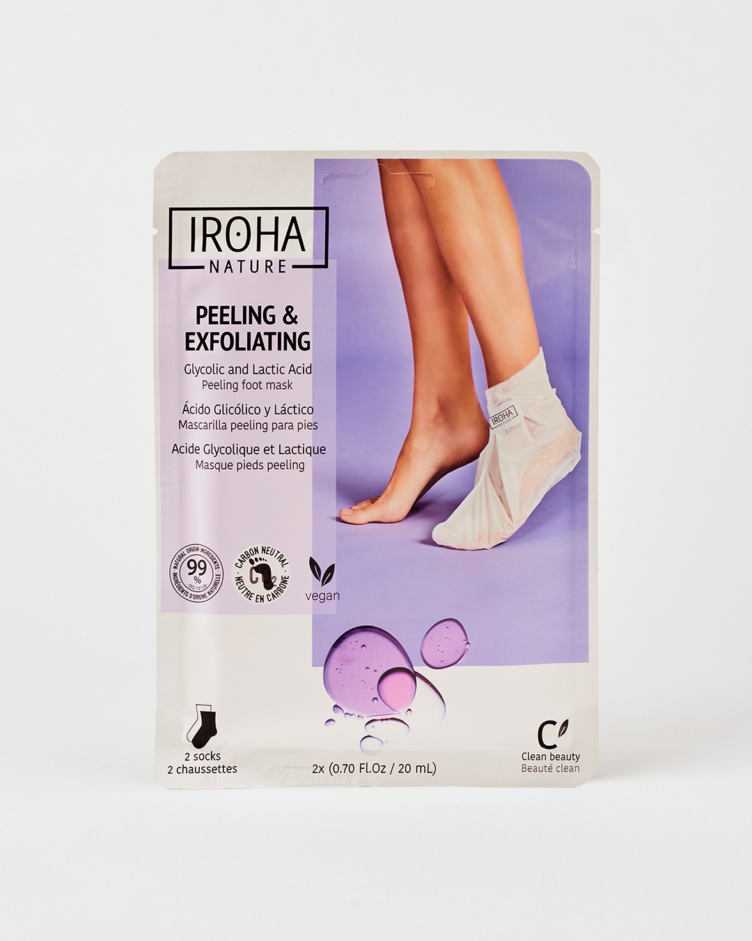 Iroha Nature Calzini Esfolianti con Acido Glicolico, Lattico, Salicilico e Lavanda - Trattamento Intensivo per Piedi con Calli e Duroni - Formula Vegana - 2 pz x 20 ml