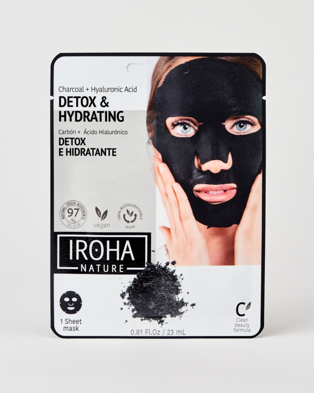 Iroha Nature Maschera Viso Detox in Tessuto Monouso - Carbone Attivo e Acido Ialuronico, 20 ml, 100% Vegana e Biodegradabile