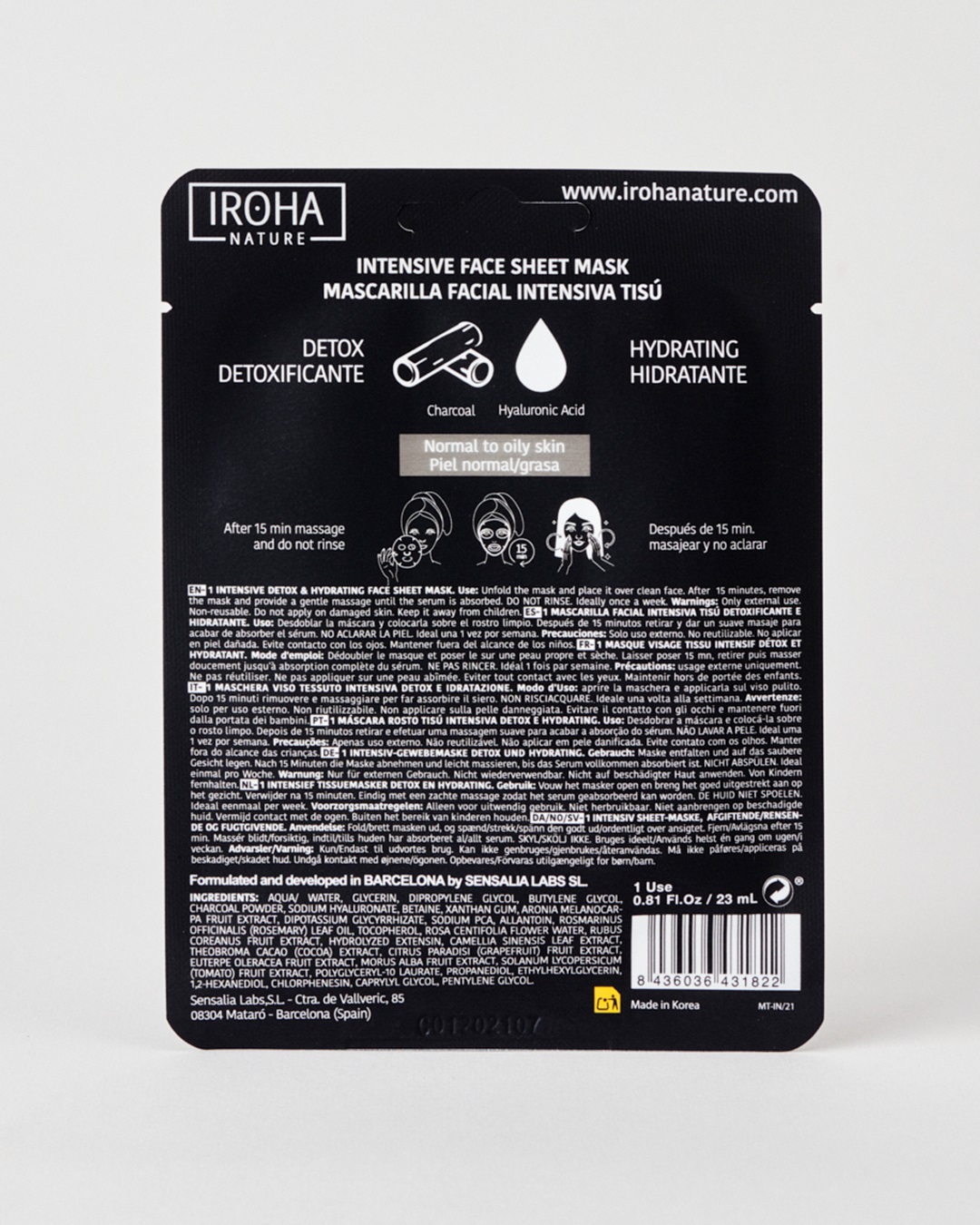 Iroha Nature Maschera Viso Detox in Tessuto Monouso - Carbone Attivo e Acido Ialuronico, 20 ml, 100% Vegana e Biodegradabile