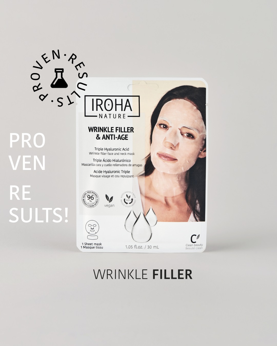 Iroha Nature Maschera Viso e Collo Monouso Rimpolpante e Anti-Età con Triplo Acido Ialuronico - 30 ml