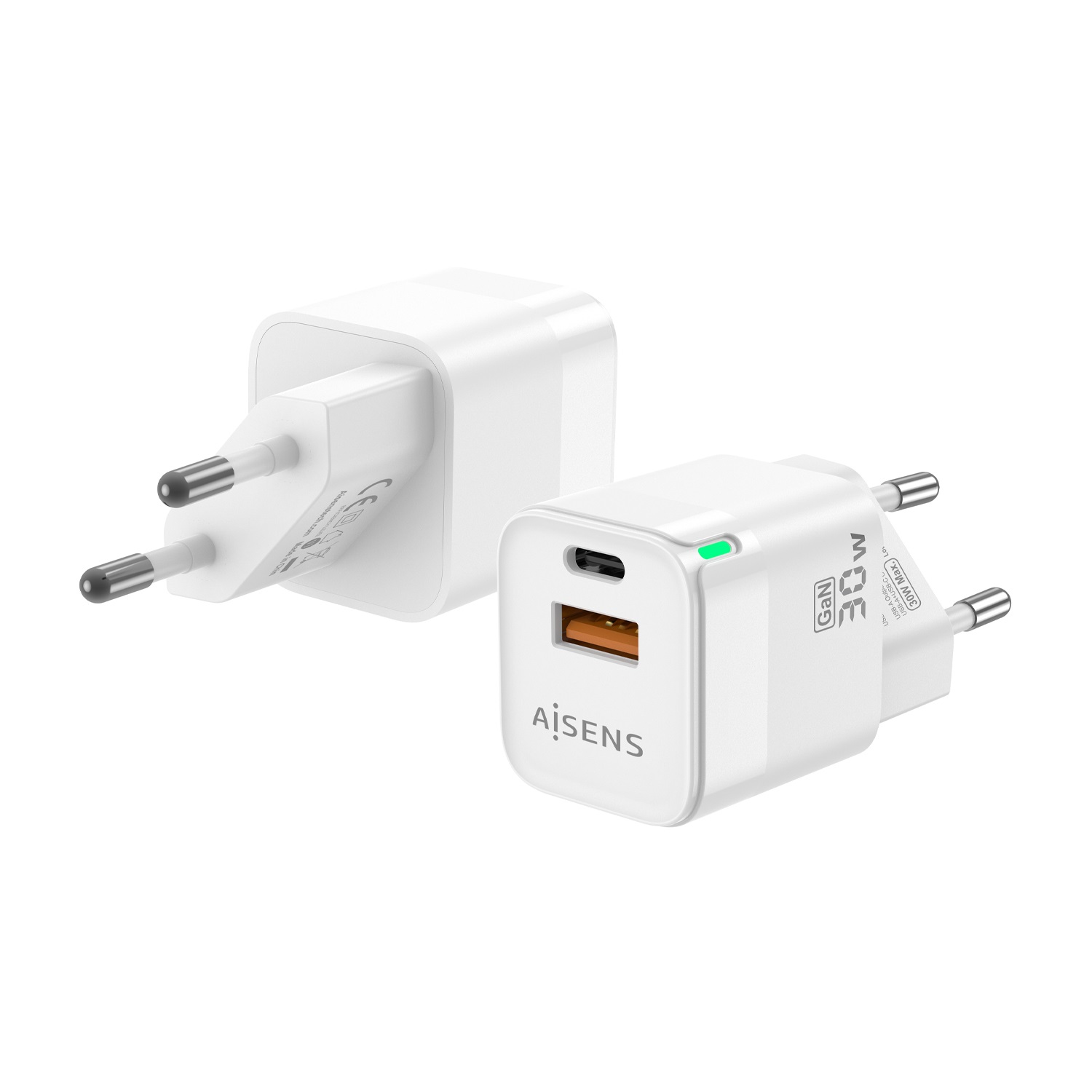 AISENS Caricatore GaN 30W con 1XUSB-C PD3.0 QC4.0 e 1XUSB-A QC3.0, Bianco